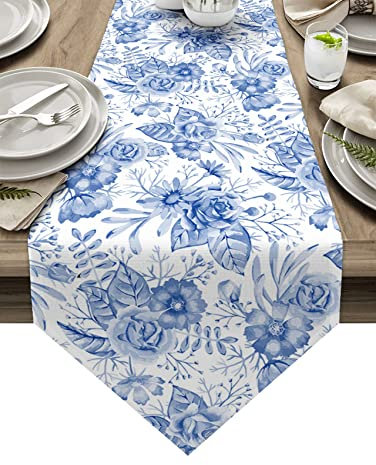 Tischläufer mit Blumenmuster, Blau und Weiß, Porzellan, für Kommoden, Schals, elegante Blume, dekorative Läufer für Urlaub, Versammlungen, Dinnerpartys, Frühlingsblumen, 33 x 304,8 cm, extra lang
