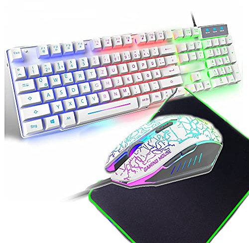 Tastiera da gioco e mouse ottico da gioco con 4 pulsanti regolabili a 2400 dpi, tappetino per mouse ottico USB, LED arcobaleno, combinazione desktop cablata USB, layout UK, per PC, laptop, PS4, Xbox