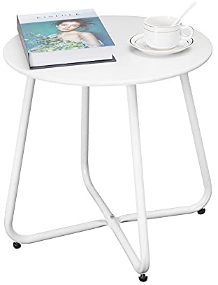 Juserox Terrassen-Beistelltisch, kleiner, runder Metall-Beistelltisch, wasserdicht, wetterfest, tragbar, Outdoor-Beistelltisch für Garten, Balkon, Hof (weiß)