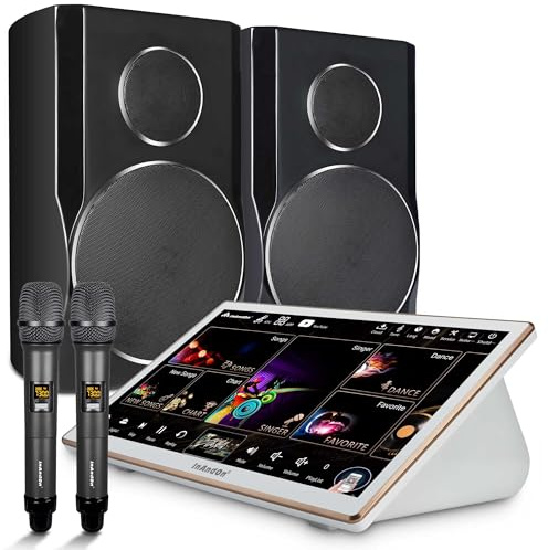 InAndOn - Juego de sistema de karaoke, pantalla táctil capacitiva de 15.6 pulgadas con altavoz y micrófonos inalámbricos, YouTube, actualización de canciones iCloud, puntuación en tiempo real, máquina