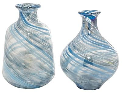 Deco 79 Lot de 2 vases en Verre soufflé à la Main Bleu 17,8 x 25,4 cm