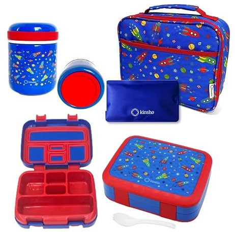 Bento Box with Stainless Steel Thermal Food Container for Hot and Cold Food or Soup, Insulated Lunch Bag & Ice Pack Set for Kids or Toddlers, Age 3-7 Years, Blue Space Rockets