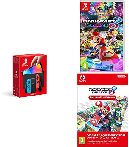Console Nintendo Switch (Modèle OLED) avec Manettes Joy-Con Bleu Néon/Rouge Néon + Mario Kart 8 Deluxe + Pass circuits additionnels [DLC] (Code de téléchargement)