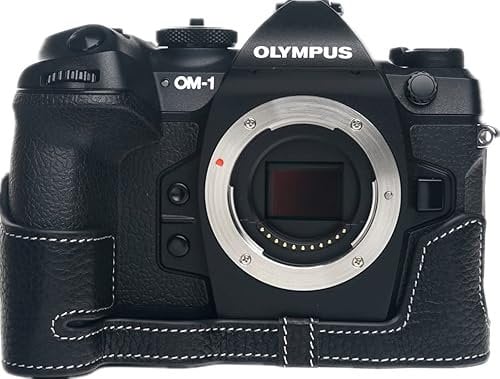 OM-1 Case, Zakao Handmade Genuine Real Leather Half Camera Case Bag Cover for Olympus OM-1 OM1 Bottom Opening Version With Hand Strap (Black)