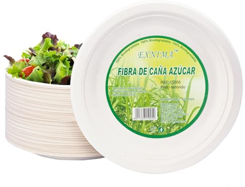 EXNIMA, Pack 50, 100, 200, 500 o 1000 Platos Desechables Biodegradables, Hechos de Fibra de Caña de Azúcar, Natural, 100% Biodegradable, Redondo, Planos, para Comidas, Barbacoa, Fiestas, Cumpleaños.
