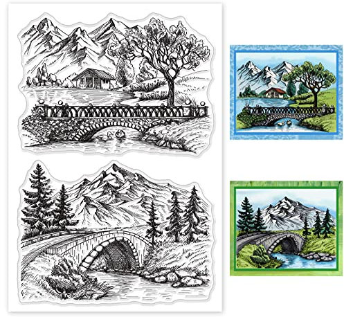 GLOBLELAND Ländliche Landschaft Klare Briefmarken für DIY Scrapbooking Dekor Brücke Bergbaum Fluss Waldhütte Transparente Silikonstempel für die Herstellung von Karten Fotoalbum Dekoration
