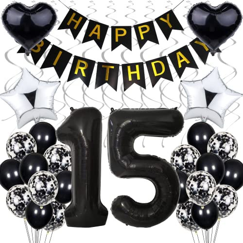 Luftballon 15. Geburtstag Dekoration,Schwarz Geburtstag 15 Jahre Junge,Black and White Party Deko,15 Geburtstag Mädchen Junge,Silber Geburtstagsdeko 15 Jahre Mädchen,15. Geburtstagdeko für Junge