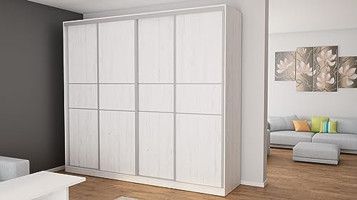 eMeblast - viertüriger Kleiderschrank - 276x244x65cm- Schiebetüren - Schlafzimmer - Wohnzimmer - Garderobenschrank - Kleiderstangen - Geräumige Schubladen - Einlegeböden Kiefer Anderson