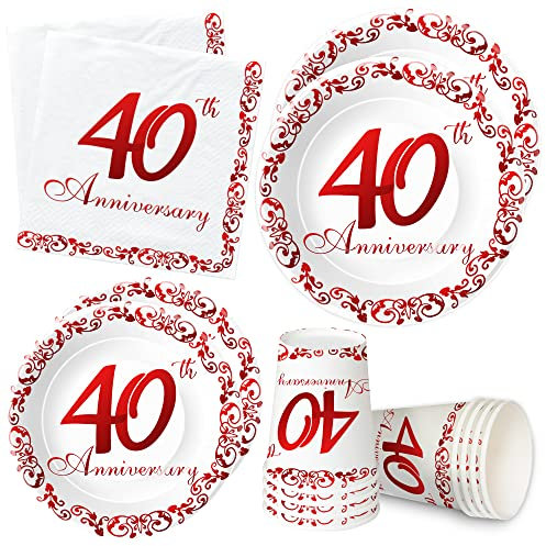 APOWBLS 40th Anniversary Plates And Cups Party Supplies - 40th Wedding Anniversary Decorations Dinnerware, Dinner Plate, Dessert Plates, Cups, Napkins, Ruby 40 Year Anniversary Decorations | Serve 24
