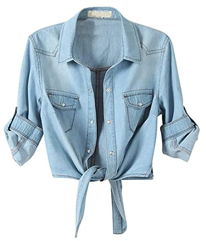 FunAloe Crop Tops Ladies Tops Size 14 Casual 3/4 Sleeve Button Down Denim Top Knot Tie Shirt Jacket Long Sleeve Hoodless Outwear Tie Knotted Half Sleeve Small Shawl Short Coat Ppzjy Tops, Sky Blue
