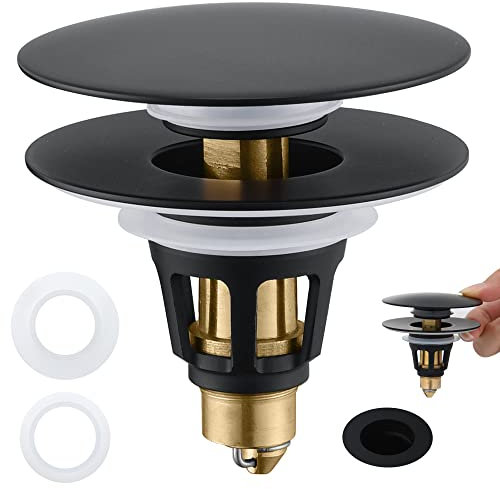 Bouchon de vidange universel pour salle de bain – Bouchon de vidange d'évier pop-up – Bouton poussoir Flixfilter – Bouchon de vidange de lavabo anti-obstruction – Noir mat