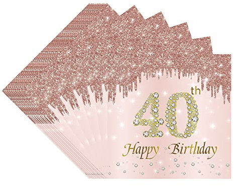TOPWAYS 40 Geburtstagsdeko Servietten, Roségold Papier Party Servietten Tischdeko für 40. Geburtstag Mädchen Frau Frauen Happy Birthday Servietten Decorations 40 Stück (Geburtstag 40)