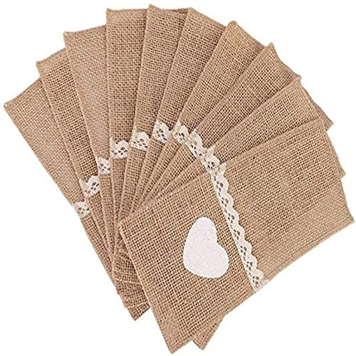 Lot de 50 porte-ustensiles en toile de jute en dentelle, pochettes à couverts en toile de rustique, pour couverts, couteaux et fourchettes pour mariage vintage(B)