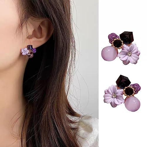 Wendalern Pendientes de flores de cristal púrpura Pendientes de cristal cuadrados pequeños Pendientes de flores de circonio cúbico Pendientes de racimos de flores de piedra lunar Joyas para mujeres