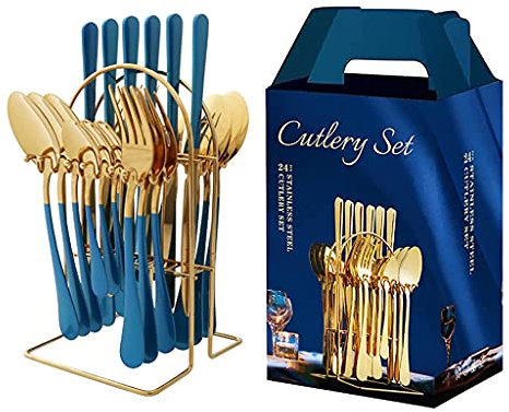 Juego de cubiertos para cocina de fiesta, cubiertos dorados de 24 piezas extra gruesos de acero inoxidable de lujo para 6 personas (color: oro con mango azul)