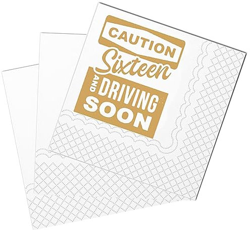 SharkBliss Lustige Cocktail-Servietten 16. Geburtstag, 50 Stück Papierservietten, 2-lagig, 12x12 cm (Gold, Caution Sixteen And Driving Soon)