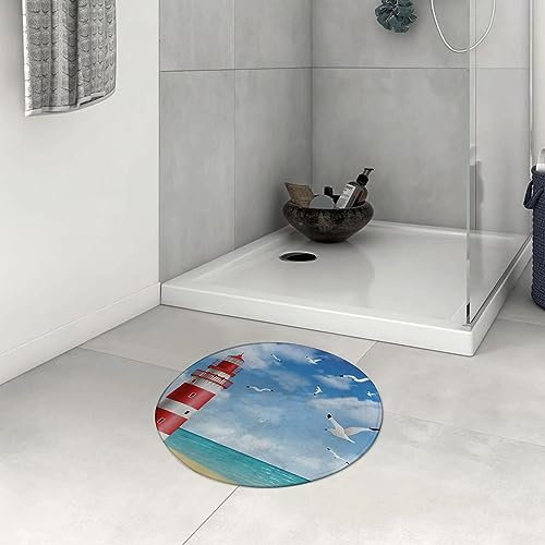 Badezimmerteppich rutschfest Realistische Illustration Leuchtturm an ruhiger Küste Fliegende Möwen Meeresl Waschbar teppich rund Weich Flauschig Badteppich Weich Kurzflor Mikrofaser Badvorleger 60 cm