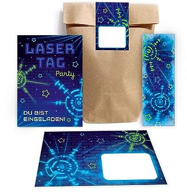 Minkocards 10 Einladungskarten zum Kindergeburtstag Lasertag Laser Tag Mädchen Jungen incl. 10 Umschläge, 10 Partytüten/natur, 10 Aufkleber, 10 Lesezeichen Einladungsset
