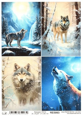 Josys Bastelmärchen Reispapier A4 Strohseide Decoupage Heulender Wolf Wölfe Winterlandschaft RE5993