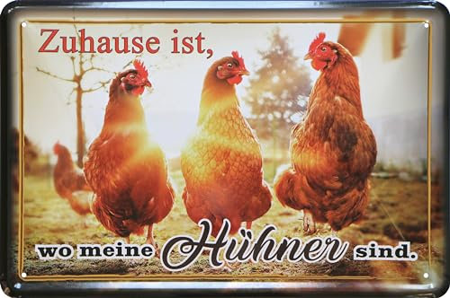 WOGEKA ART Retro Blechschild - Zu Hause ist, wo meine Hühner sind - lustiger Spruch als Geschenk-Idee zur Deko, 20 x 30 cm, aus Metall im Vintage Design 442