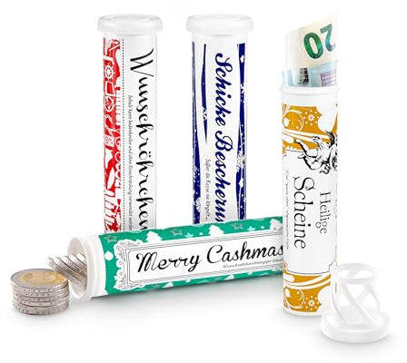 Geld- & Geschenkröhrchen MIX SET im Medikamenten-Stil 5 x lustige Motive zum Geldverschenken originelles Geldgeschenk für Weihnachten Nikolaus Wichteln Adventskalender X-mas (X-MAS)