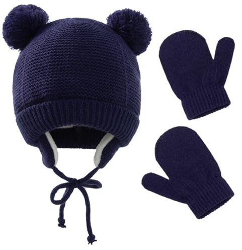 MAKFORT Baby Mütze Beanie Strickmütze Wintermütze Jungen Mädchen Warmer Strickmützen Handschuhe Set Weicht Futter mit Süße Bärenohren Kinder Mütze Beanie Strickmütze