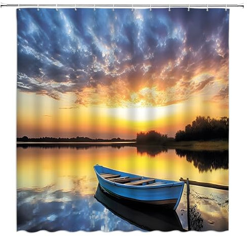 ZKJSMGS Ocean Shower Curtain Sunset Sea Wave Boat Sky Tropical Seaside Coastal Scenic Landscape Summer Yellow Blue Orange Bathroom Home Curtain Decor with Hooks,70 Wx70 H