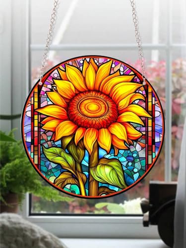Acchiappasole da appendere alle finestre con girasole e fiori, decorazione per finestre in vetro colorato, decorazione da appendere alla parete, regalo di compleanno