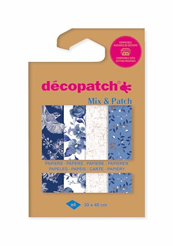 Décopatch DP031C - Une Pochette de 4 Feuilles Décopatch - Dimensions : 30 x 40 cm - Papiers imprimé, Nuances de bleu - Mix & Patch - A partir de 5 ans, DIY, création, rénovation, activité créative