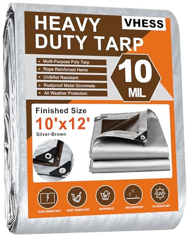 Tarps Heavy Duty Waterproof 10’ X 12’, 10 Mil Multipurpose Poly Tarp Cover, tarp Waterproof UV Resistant Tear&Fade Resistant, Outdoor Tarpaulin for Roof, Camping, Patio, Pool, Boat, Car
