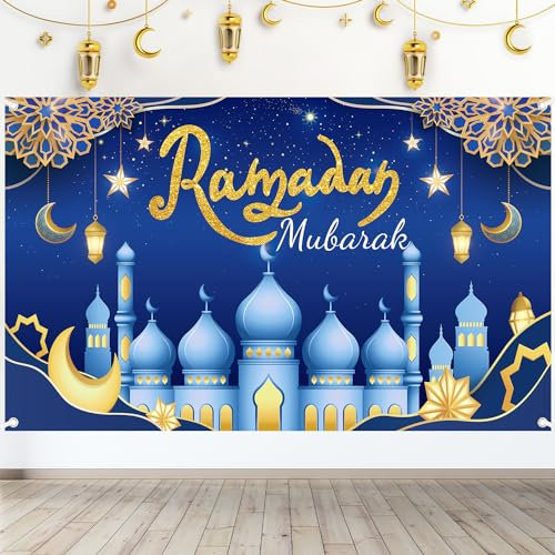 Ramadan Hintergrund, 180x110cm Ramadan Mubarak Hintergrund Banner Eid Mubarak Banner Ramadan Banner Ramadan Wandteppich für Ramadan Partyzubehör Dekoration Fotoautomaten Requisite(Blau)