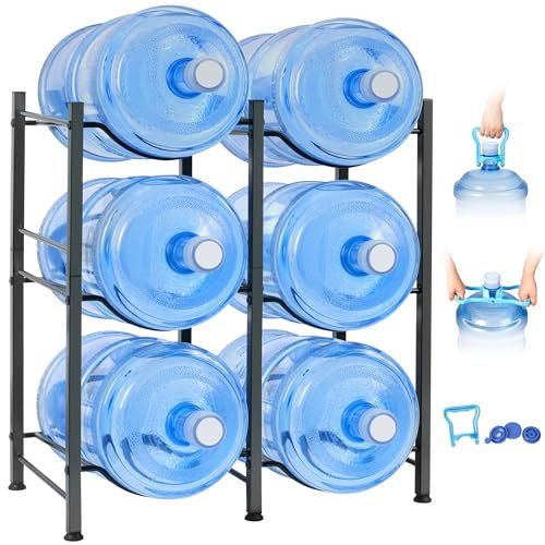 Klvied 5 Gallon Water Jug Holder, Double Row Water Jug Rack with 6 Slots for Water Bottle Organizer, Heavy Duty Water Bottle Storage Rack with Lifter, 5 Gallon Water Jug Stand for 6 bottles