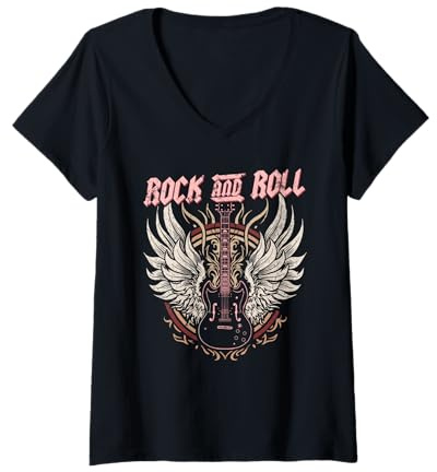 Damen Rock and Roll Gitarre Vintage Rock Frauen Musik T-Shirt mit V-Ausschnitt