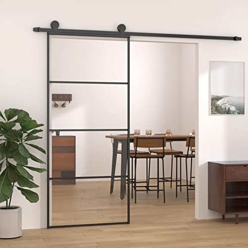 Gecheer Schiebetür Rostfrei Glastür Glasschiebetür Glas Schiebe Tür Schiebetürsystem Glasscheibe Schiebetürbeschlag Aluminium ESG-Glas 90 x 205 cm (B x H) Aluminium, ESG-Glas Schwarz