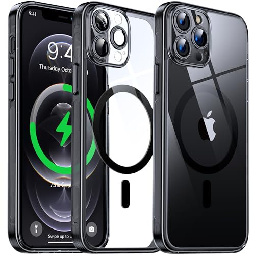 Flyzoo Cover Magnetica Trasparente per iPhone 12 Pro - [con Pellicola di Protezione Fotocamera] [Antilngiallimento & Antiurto & Antigraffio] Custodia Rigida con Bordo in Silicone, 6,1, Nero