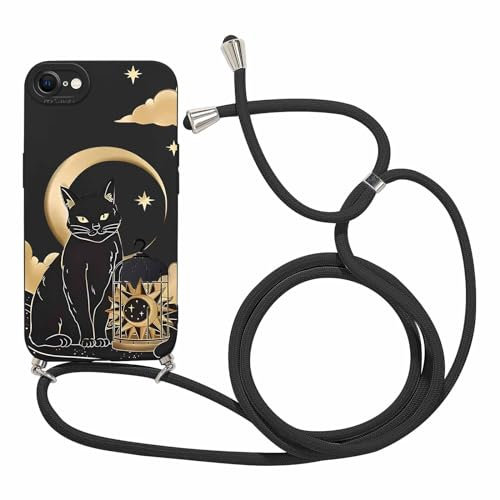 Coalbooliy Handykette für iPhone SE 2022/ SE 2020/7/8 Hülle mit Band, Aesthetic Schwarze Katze Muster Verstellbarer Halskette Handyhülle Kordel zum umhängen Silikon Case Schutzhülle mit Kette, 02