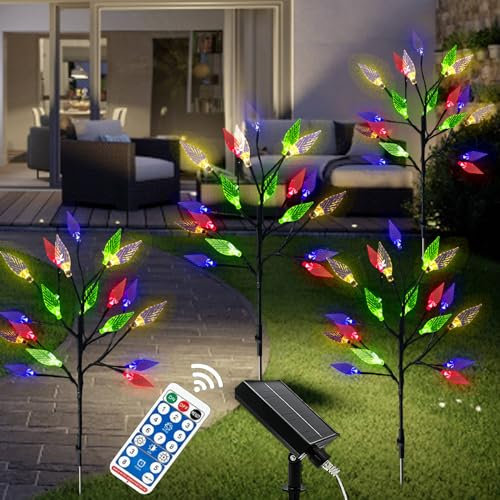 XRR Solarlampen für Außen, 4 Stück 16LED Solarleuchten Laub 8 Modi Solarlichter Blume Garten mit Fernbedienung Wetterfest Solarstecker Gartenbeleuchtung für Pfad Party Hof Deko