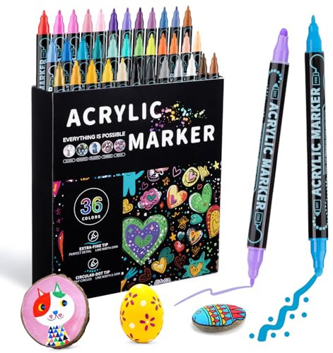 Mzh Art 36 Farben Dual Tip Acrylfarbe Stifte, Paint Pens Markers Double Tip Mit Doppelspitze für Holz, Steinmalerei, Glas, Leinwand, DIY Handwerk Kunstbedarf
