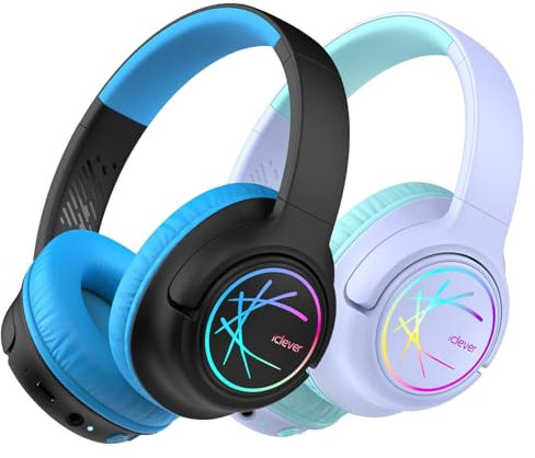 iClever 2Pack Bluetooth kopfhörer Kinder mit LED-Leuchten, 74/85dBA Lautstärkebegrenzung, 43 Stunden Spielzeit, Stereo-Sound, Typ-C, AUX-Kabel, Bluetooth5.3 Kinderkopfhörer für Tablet/Reisen