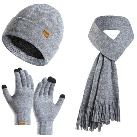 Enwokran Wintermütze Touchscreen Handschuhe Lang Schal Set Unisex Beanie Mütze Fleece Warme Haube Winterschal Kaschmir Strickmütze Strickschal mit Fleece Gefütterte Thermo Handschuhe (Grau)