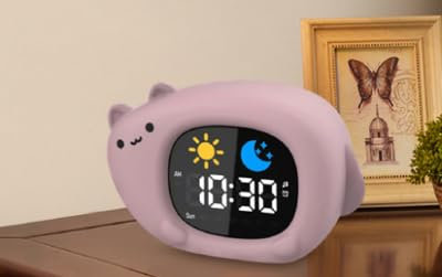 Yissvic Kinderwecker für Schulanfänger Wecker Kinder Jungen mit Nachtlicht Schlummermodus Display Datum Baby Leiser Wecker Katze für Mädchen Kinderzimmer