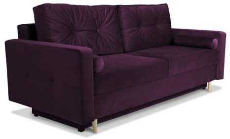 Sofa mit Schlaffunktion 215x70 cm (Liegefläche 190x150 cm) violett - 3 er Couch mit Bettzeugablage, Armlehnen, 2 Kissen - Velours - 3-Sitzer Sofa, für Wohnzimmer / Gästezimmer, Wohnzimmer Möbel