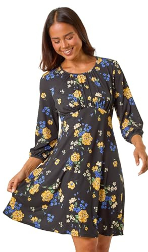 Roman Originals Women Gathered Chest Dress Ladies Stretchy Fit & Flare Swing Tea A Line Skater Waist Ruched Knee Length Midi Smart Casual Work Going Out Party - Black Yellow - Size 14
