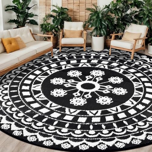 Capslpad Outdoor Teppich Rund 300 cm, Wetterfest Vorzeltteppich Camping Teppiche, Kunststoff Picknickdecke, Leichtgewicht Outdoorteppich für Balkon Picknick Camping Garten Terrasse Strand RV, Schwarz