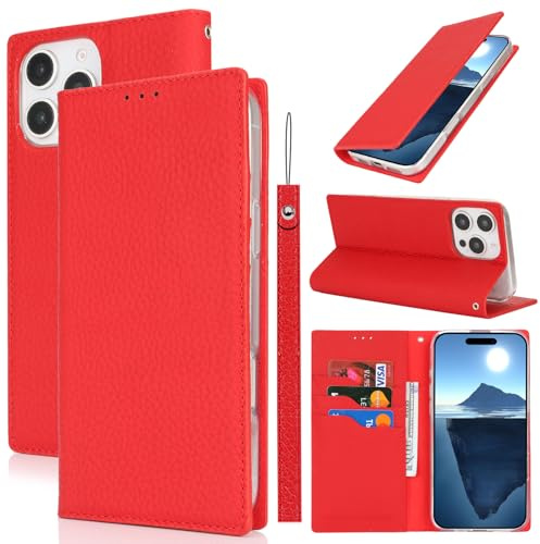 Cavor Phone Case Compatible for iPhone 16 Pro Case,Genuine Leather Flip Wallet Case,[3 Card Holders][Magnetic][RFID-Blocking][Lanyard] Protective Case Cover Compatible for iPhone 16 Pro - Red