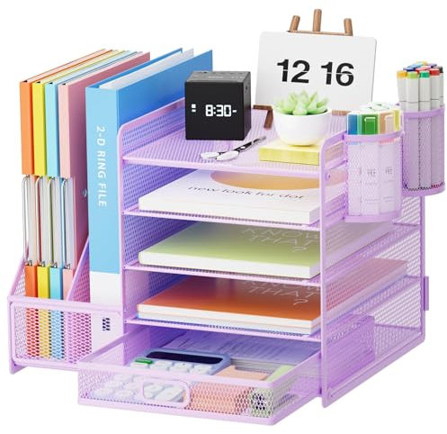 Marbrasse Desk Organiser File Holder,5-Tier Paper Letter Tray Organiser with Drawer,2 Pen Holder,Mesh Desktop Storage with Magazine Holder for Office Supplies (Purple)