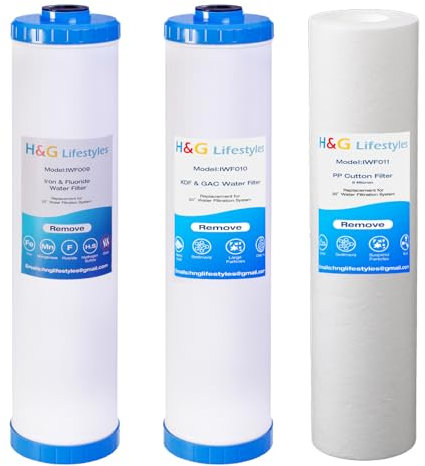 H&G Lifestyles 4.5 x 20 3 Stage Whole House Water Filter Replacement set with Iron & Manganese Reducing Cartridges, GAC KDF, PP Cutton Cartridges,Replacement for Any 20 Water Filter