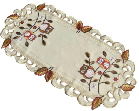 Bunte Eulen Herbstblätter Tischläufer Tischdecke Mitteldecke Deckchen gestickt (ca. 35x70 cm)