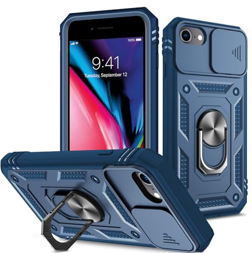 For iPhone 7 Plus/ 8 Plus/6S Plus/6 Plus Phone Case with Slide Camera Cover Military Grade Protective Shockproof [360°Rotatable Ring and Kickstand] Anti-Scratch Armour Phone Cover,Blue