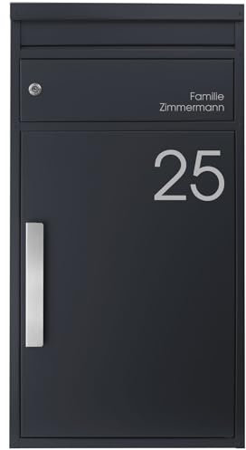 SafePost Paketbriefkasten anthrazit-grau personalisiert Paketstation XXL rostfrei freistehend wetterfest 65M Standbriefkasten für alle Zusteller Briefkasten mit Paketfach geräumig massiv modern
